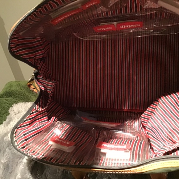 DANZO ‘RETRO KHAKI GREEN NYLON WITH BEIGE VACHETTA HANDLES & TRIMS  BABY BAG - Picture 14 of 16